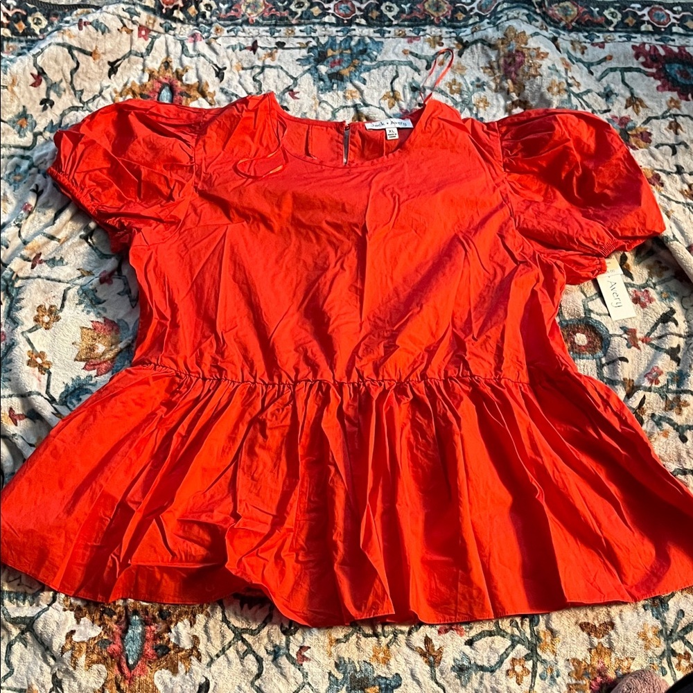 Avery Bold Red Puff Sleeve Blouse XL Cotton